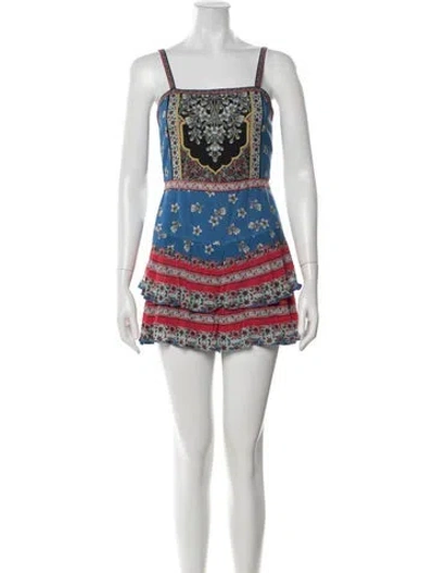 Pre-owned Alice + Olivia Floral Print Square Neckline Romper In Blue