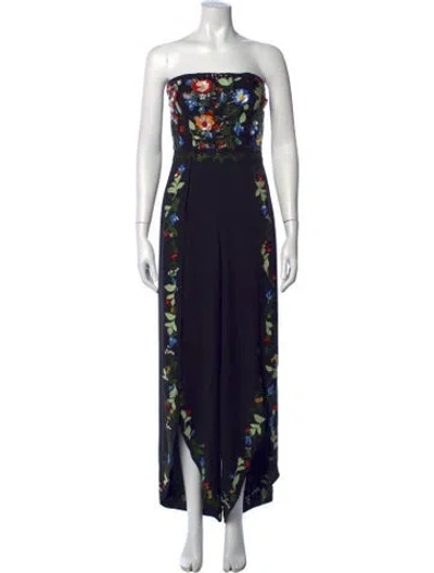 Pre-owned Alice And Olivia Floral Print Strapless Jumpsuit W/ Tags In Black