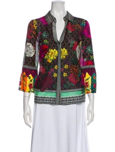Pre-owned Alice And Olivia Floral Print Three-quarter Sleeve Blouse In Black