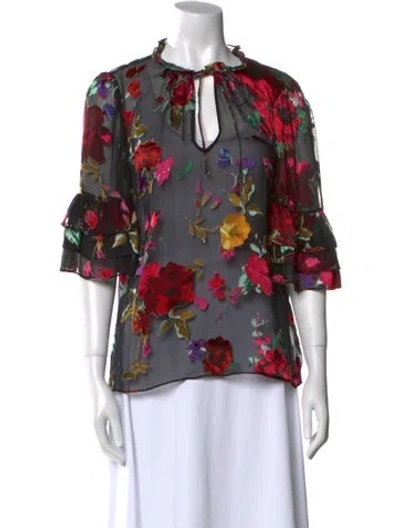 Pre-owned Alice And Olivia Floral Print Three-quarter Sleeve Blouse In Black