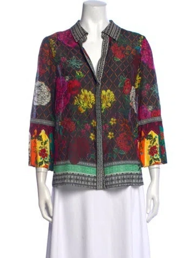 Pre-owned Alice And Olivia Floral Print Three-quarter Sleeve Blouse In Black