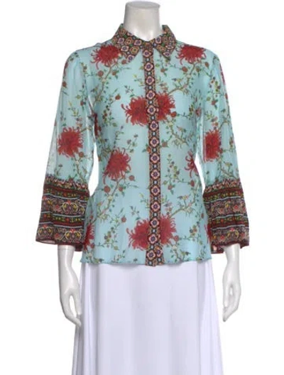 Pre-owned Alice And Olivia Floral Print Three-quarter Sleeve Blouse In Blue