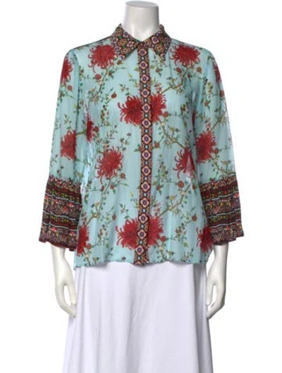 Pre-owned Alice And Olivia Floral Print Three-quarter Sleeve Blouse In Blue