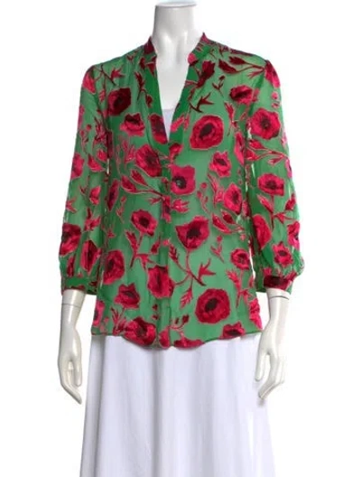 Pre-owned Alice And Olivia Floral Print Three-quarter Sleeve Blouse In Green