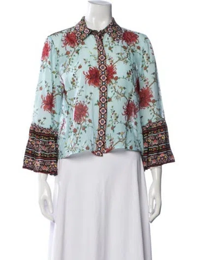 Pre-owned Alice And Olivia Floral Print Three-quarter Sleeve Button-up Top In Blue
