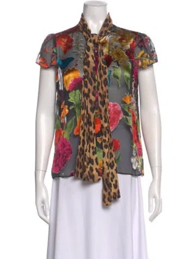 Pre-owned Alice And Olivia Floral Print Tie Neck Blouse In Black