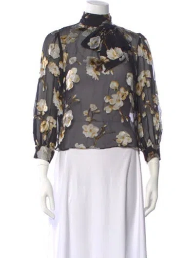 Pre-owned Alice And Olivia Floral Print Tie Neck Blouse In Black