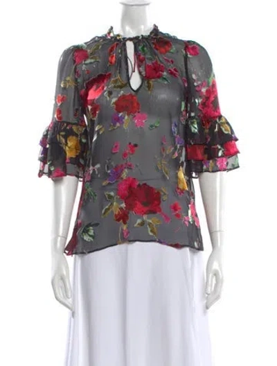 Pre-owned Alice And Olivia Floral Print Tie Neck Blouse In Black
