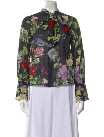 Pre-owned Alice And Olivia Floral Print Tie Neck Blouse In Black