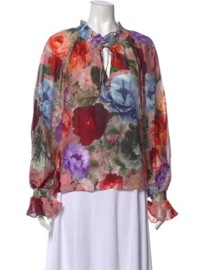 Pre-owned Alice And Olivia Floral Print Tie Neck Blouse In Black