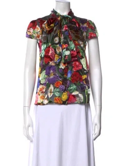 Pre-owned Alice And Olivia Floral Print Tie Neck Blouse In Black