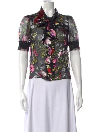 Pre-owned Alice And Olivia Floral Print Tie Neck Blouse In Black