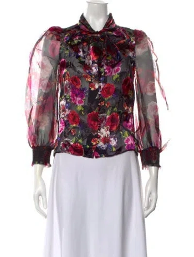 Pre-owned Alice And Olivia Floral Print Tie Neck Blouse In Black