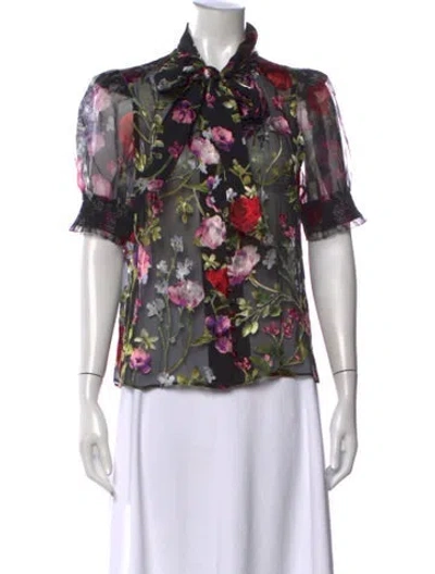 Pre-owned Alice And Olivia Floral Print Tie Neck Blouse In Black