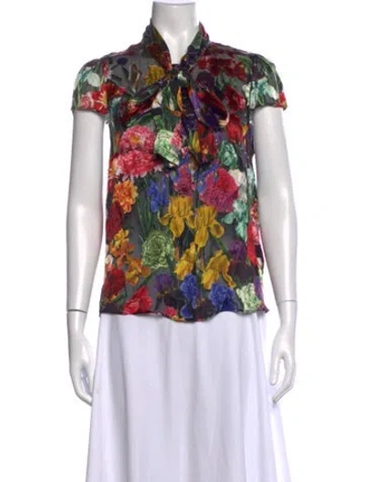 Pre-owned Alice And Olivia Floral Print Tie Neck Blouse In Black