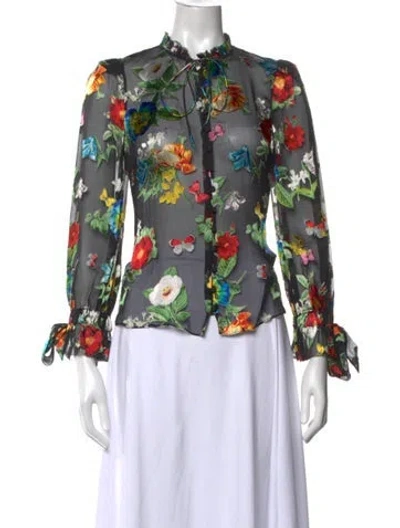 Pre-owned Alice And Olivia Floral Print Tie Neck Blouse In Black