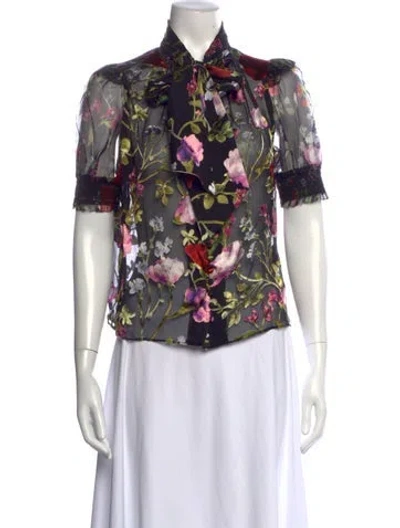 Pre-owned Alice And Olivia Floral Print Tie Neck Blouse In Black