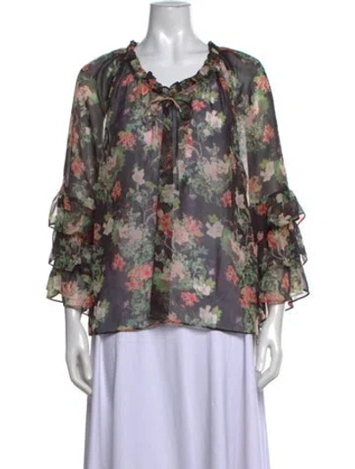 Pre-owned Alice And Olivia Floral Print Tie Neck Blouse In Black