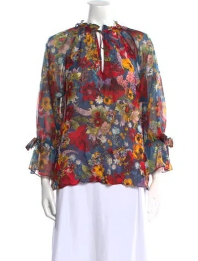 Pre-owned Alice And Olivia Floral Print Tie Neck Blouse In Blue