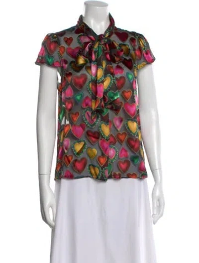 Pre-owned Alice And Olivia Floral Print Tie Neck Blouse In Blue