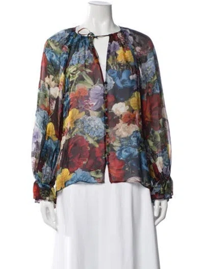 Pre-owned Alice And Olivia Floral Print Tie Neck Blouse In Blue