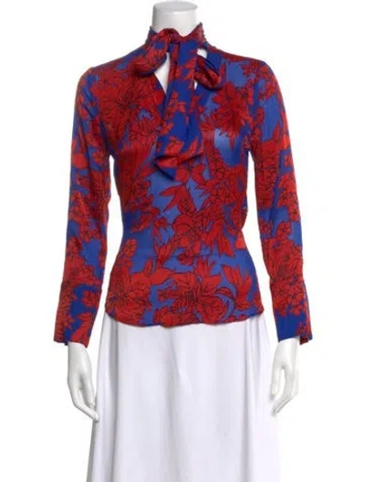 Pre-owned Alice And Olivia Floral Print Tie Neck Blouse In Blue
