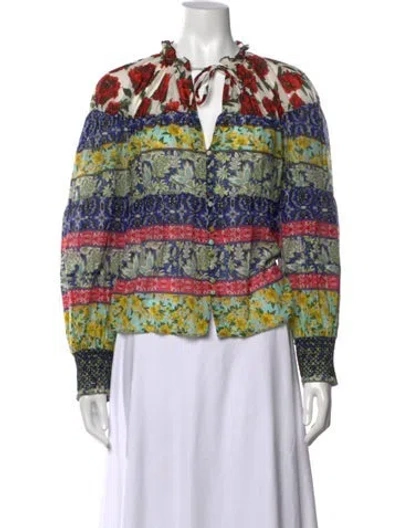 Pre-owned Alice And Olivia Floral Print Tie Neck Blouse In Blue