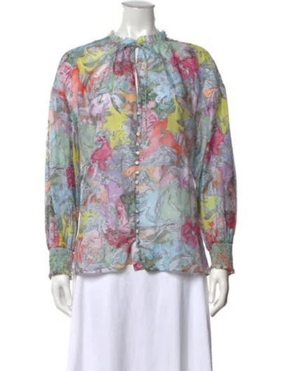 Pre-owned Alice And Olivia Floral Print Tie Neck Blouse In Blue