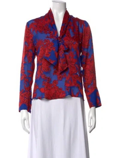 Pre-owned Alice And Olivia Floral Print Tie Neck Blouse In Blue