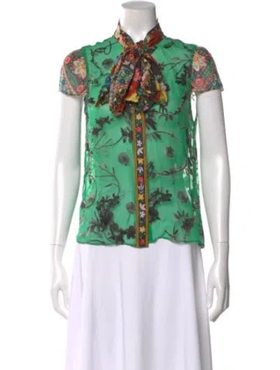 Pre-owned Alice And Olivia Floral Print Tie Neck Blouse In Green