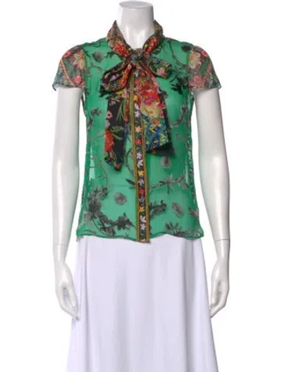 Pre-owned Alice And Olivia Floral Print Tie Neck Blouse In Green