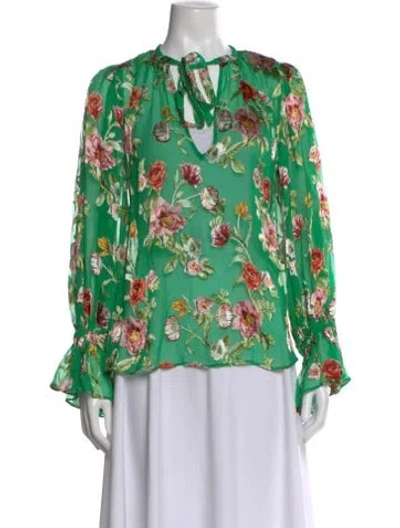 Pre-owned Alice And Olivia Floral Print Tie Neck Blouse In Green
