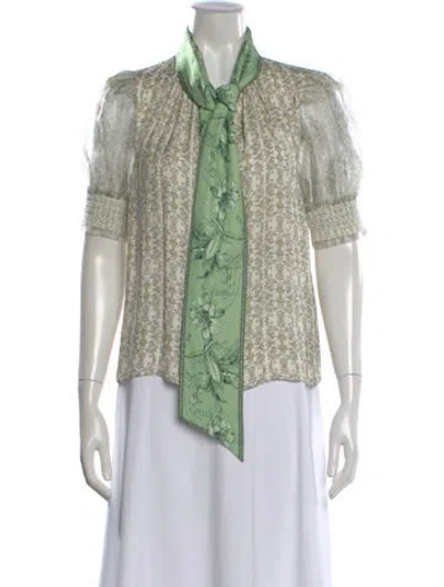 Pre-owned Alice And Olivia Floral Print Tie Neck Blouse In Green