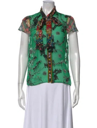 Pre-owned Alice And Olivia Floral Print Tie Neck Blouse In Green