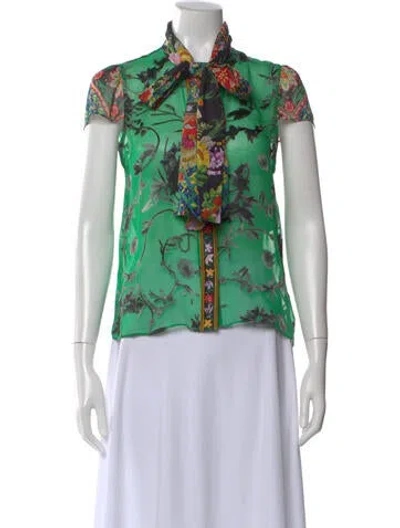 Pre-owned Alice And Olivia Floral Print Tie Neck Blouse In Green
