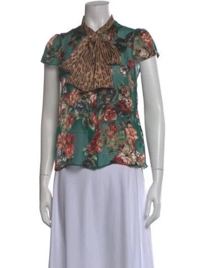 Pre-owned Alice And Olivia Floral Print Tie Neck Blouse In Green