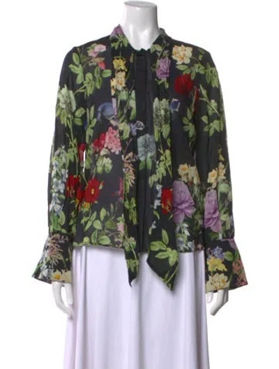 Pre-owned Alice And Olivia Floral Print Tie Neck Blouse In Green