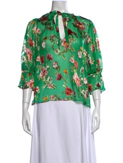 Pre-owned Alice And Olivia Floral Print Tie Neck Blouse In Green