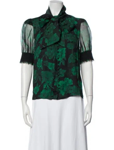 Pre-owned Alice And Olivia Floral Print Tie Neck Blouse In Green
