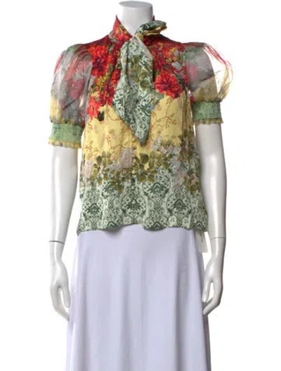 Pre-owned Alice And Olivia Floral Print Tie Neck Blouse In Green/yellow