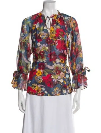 Pre-owned Alice And Olivia Floral Print Tie Neck Blouse In Multi