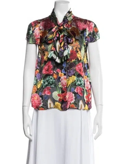 Pre-owned Alice And Olivia Floral Print Tie Neck Blouse In Multi