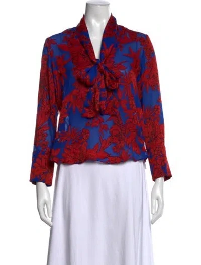 Pre-owned Alice And Olivia Floral Print Tie Neck Blouse In Multi