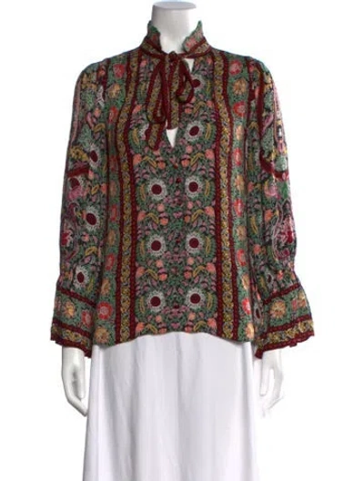 Pre-owned Alice And Olivia Floral Print Tie Neck Blouse In Multicolor
