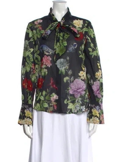 Pre-owned Alice And Olivia Floral Print Tie Neck Blouse In Multicolor