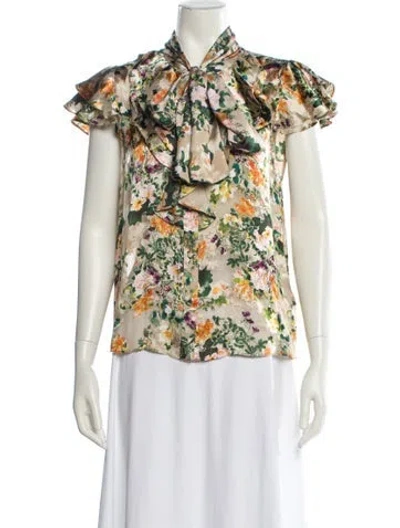 Pre-owned Alice And Olivia Floral Print Tie Neck Blouse In Neutral