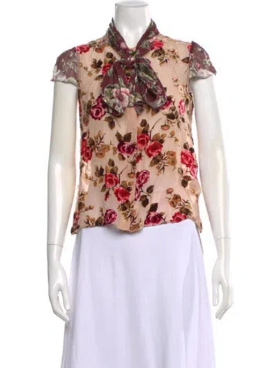 Pre-owned Alice And Olivia Floral Print Tie Neck Blouse In Neutral