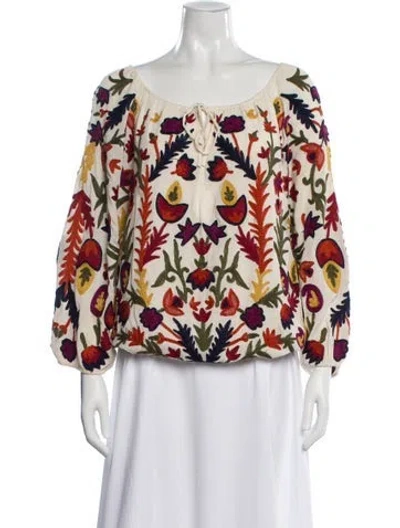 Pre-owned Alice And Olivia Floral Print Tie Neck Blouse In Neutral
