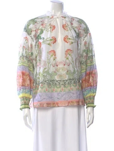 Pre-owned Alice And Olivia Floral Print Tie Neck Blouse In Neutral