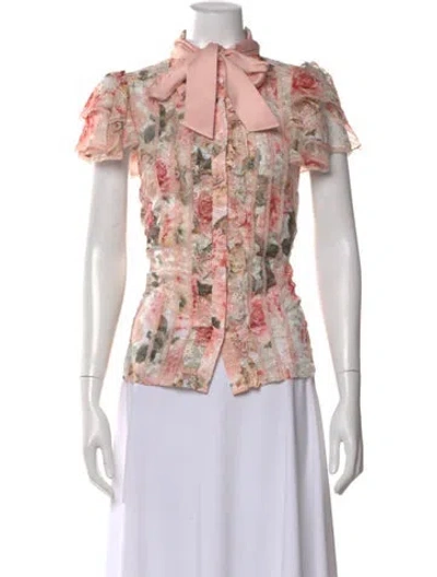 Pre-owned Alice And Olivia Floral Print Tie Neck Blouse In Neutral